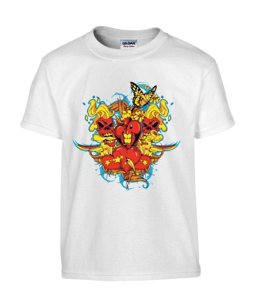 T-shirt Homme Tête de Mort Coeur Trash [Skull, Tattoo, Tatouage, Graphique, Design, Papillon] T-shirt Manches Courtes, Col Rond