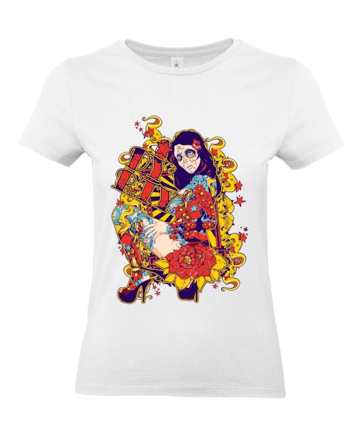 T-shirt Femme Tête de Mort Sexy [Skull, Gothique, Mexique, Fête des Morts, Calavera, Santa Muerte] T-shirt Manches Courtes, Col Rond