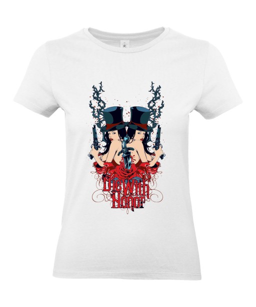 T-shirt Femme Sexy Die With Honnor [Citation, Gothique, Roses, Dague, Revolver] T-shirt Manches Courtes, Col Rond