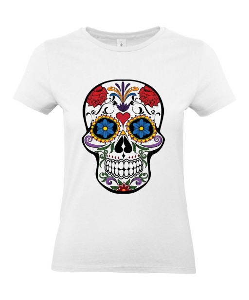 T-shirt Femme Tête de Mort Calavera [Skull, Gothique, Mexique, Fête des Morts, Santa Muerte] T-shirt Manches Courtes, Col Rond